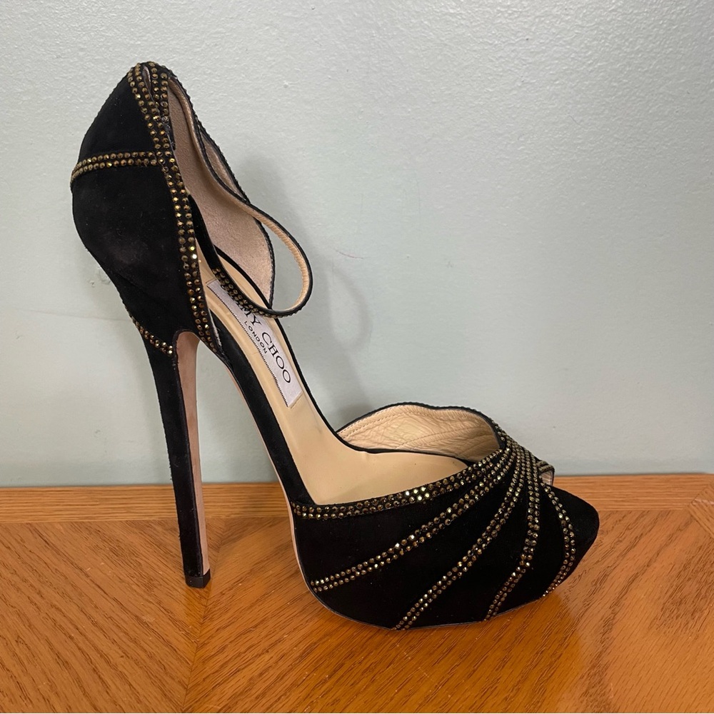 Jimmy‎ Choo Black Suede Crystal Embellished Kalpa Ankle Strap Platform Heels